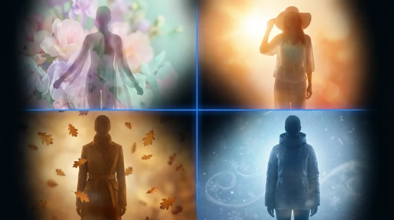 Moodboard für saisonale Modefotografie mit KI-generierten Bildern in den Ästhetiken von Frühling, Sommer, Herbst und Winter.