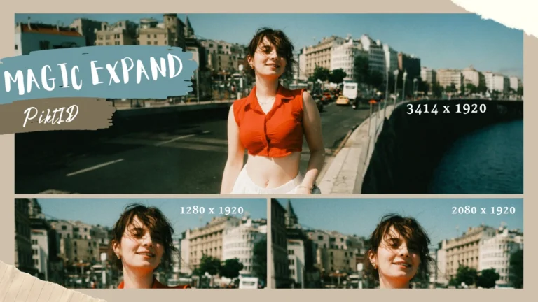 Breites Banner mit einer Frau, die an einer Uferstraße entlanggeht. Das Bild wurde mithilfe von KI-gestützter Bildstreckung vergrößert. Zum Vergleich werden verschiedene Ausgabegrößen wie 1280x1920 und 3414x1920 angezeigt.