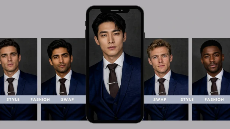 Ein Smartphone zeigt ein professionelles Männerporträt mit verschiedenen Körpervarianten im Hintergrund. Konzeptvisualisierung einer KI-gestützten Transformation der Modeidentität auf Mobilgeräten.