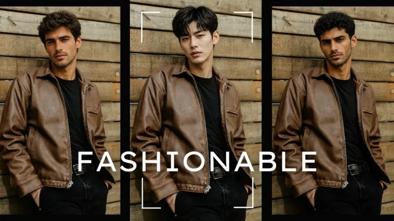 Eine Sequenz mit Gesichtstausch eines männlichen Models in Lederjacke zeigt die Identitätsveränderung in drei Porträts. Sie demonstriert KI-gestützten Geschlechtertausch für Lifestyle- und Modefotografie.